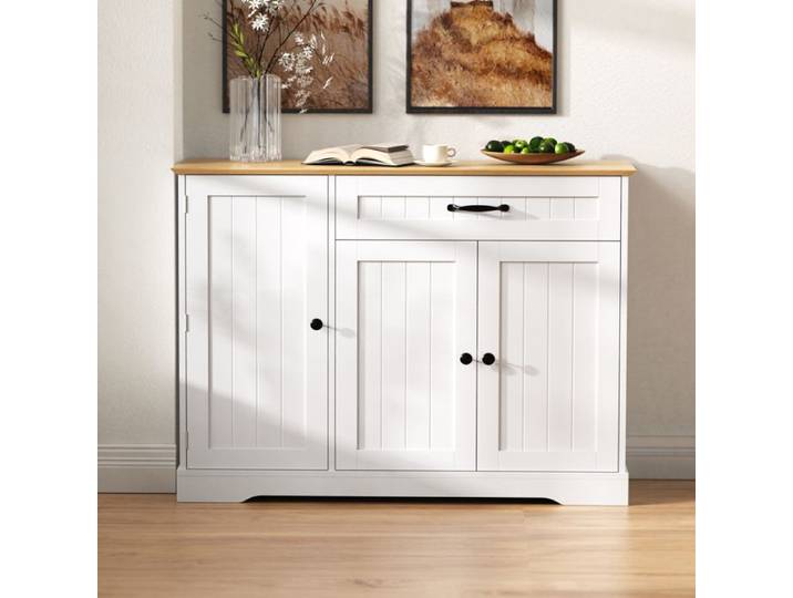 Buffet de cuisine VIVRYN 3 portes et 1 tiroir 107 x 84 x 40cm -MDF blanc et naturel