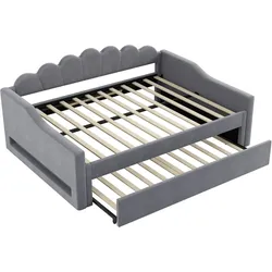 MODFU Tagesbett Leinenoptik Grau 140x200 cm mit Ausziehbett und LED-Beleuchtung