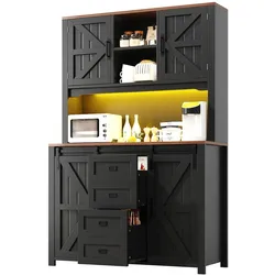 STILVORA Küchen Sideboard 115x40x175  mit Schiebetüren und LED-Beleuchtung Schwarz, Stauraum mit Schubladen, verstellbare Einlegeböden, Vintage Look