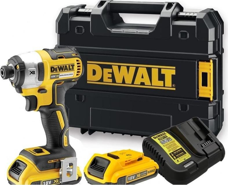 DeWALT DCF887D2-QW schroefboormachine met slagkracht, zwart/geel, 1/4 inch, 3250 omw/min, inclusief batterij
