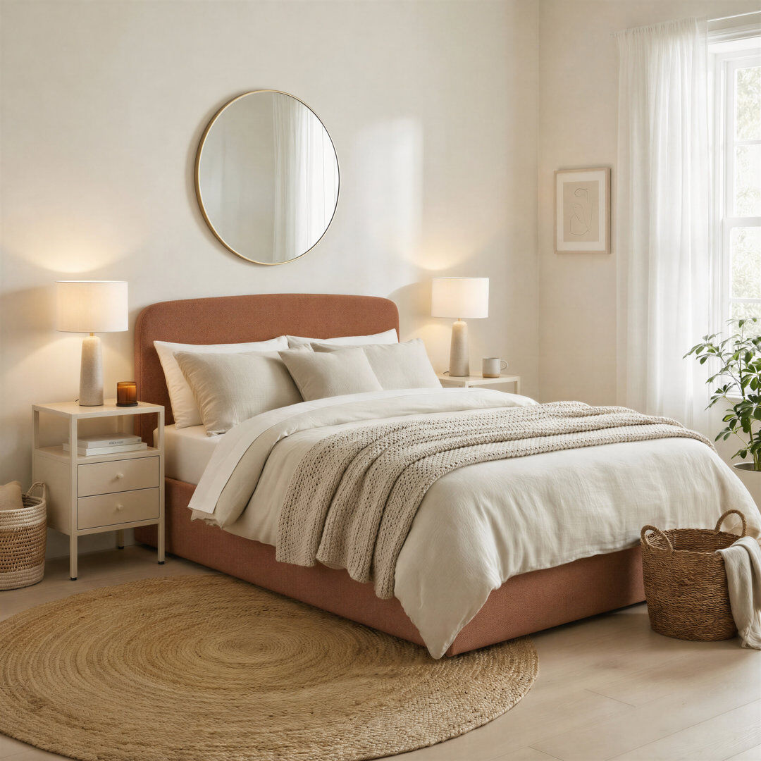 Ebern Designs Aemilia Upholstered Ottoman Bed Frame - Contemporay Elegant Headboard Design Orange Fabric King