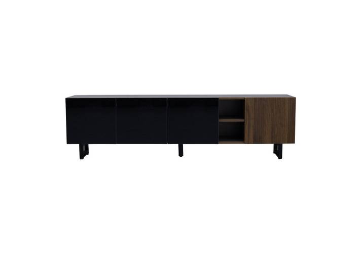 Modenvie Lowboard 180/38/50 cm aus MDF mit Hochglanzfronten und grifflosem Türdesign Schwarz/Natur, Hellbraun, 180x50x38 cm, Wohnzimmer, TV Möbel, Lowboards, Lowboards stehend