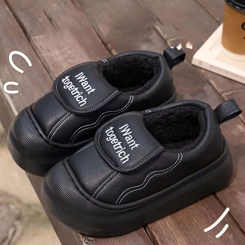 INF Winter Wasserdichte PU Leder Fleece Gefütterte Warme Dicke Sohle Baumwoll Hausschuhe Schwarz 40