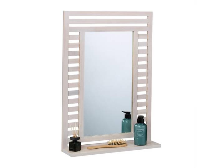 Relaxdays Badspiegel Weiß Walnussholz Ablage 70 cm, Holz, Glas, Rechteckig, 50x70x12 cm, Badezimmer, Badezimmerspiegel, Badspiegel