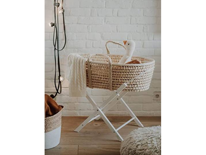 Babywiege mit Baby Moseskorb mit Ständer und dreilagiger Matratze, Stubenwagen mit Klappständer, handgefertigter Baby-Schlafkorb, weißer Ständer