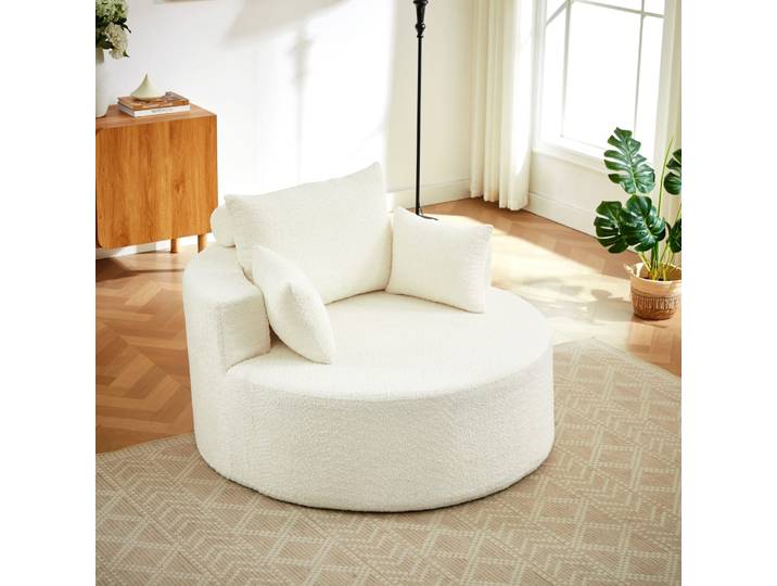 Fauteuil en chenille beige avec coussin d'appui-tête