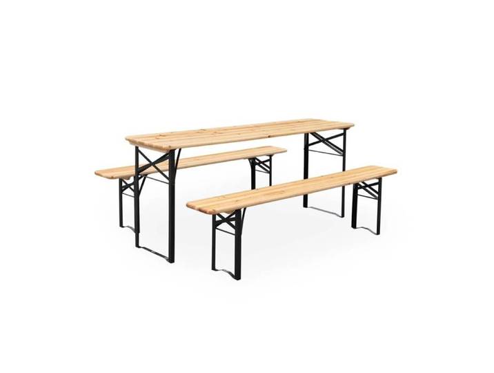 sweeek - Table de jardin pliante bois de sapin + 2 bancs BAYONNE