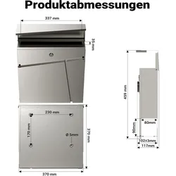 Wiltec, Briefkasten, Briefkasten V23 Edelstahl 370x105x370mm Schloss Zeitung pulverbeschichtet (37 x 10.20 x 37 cm)