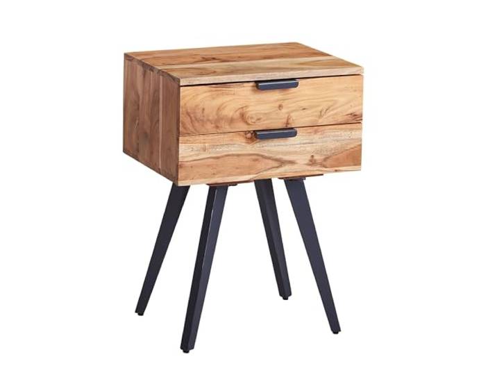 Wohnling Nachtkonsole 47x35x65 cm Akazie Massivholz, 2 Schubladen Nachtkästchen Industrial reizend, Nachtkommode für Boxspringbett, handgefertigtes Unikat, Nachtschrank massiv