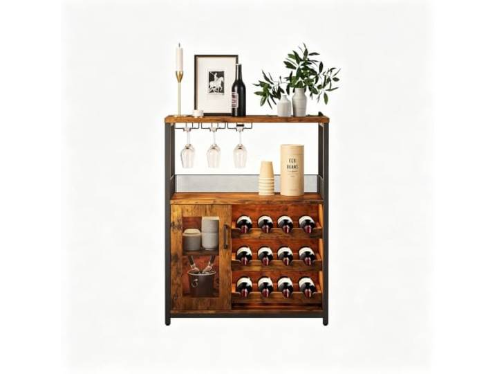 Koioplie Barschrank 70x35x92 cm Metall Weinregal LED Glashalter Glashalter, Abnehmbares Regal, Gittertür, Getränkebereich, Beleuchtung