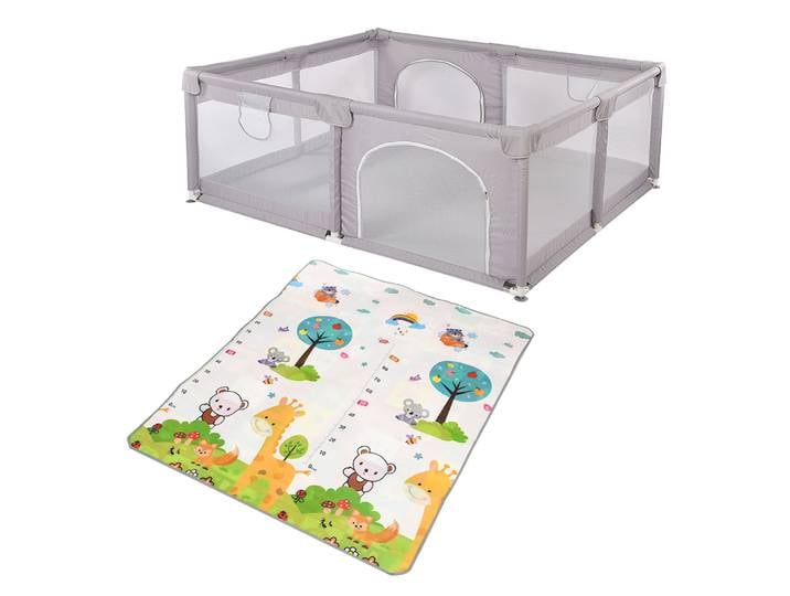 Parc Bébé, Parc Enfant avec Tapis, Petit Parc Bébé avec Barrières, Parc Bébé en Tissu Oxford, Parc De Jeux, Gris, 1.5 x 1.8m