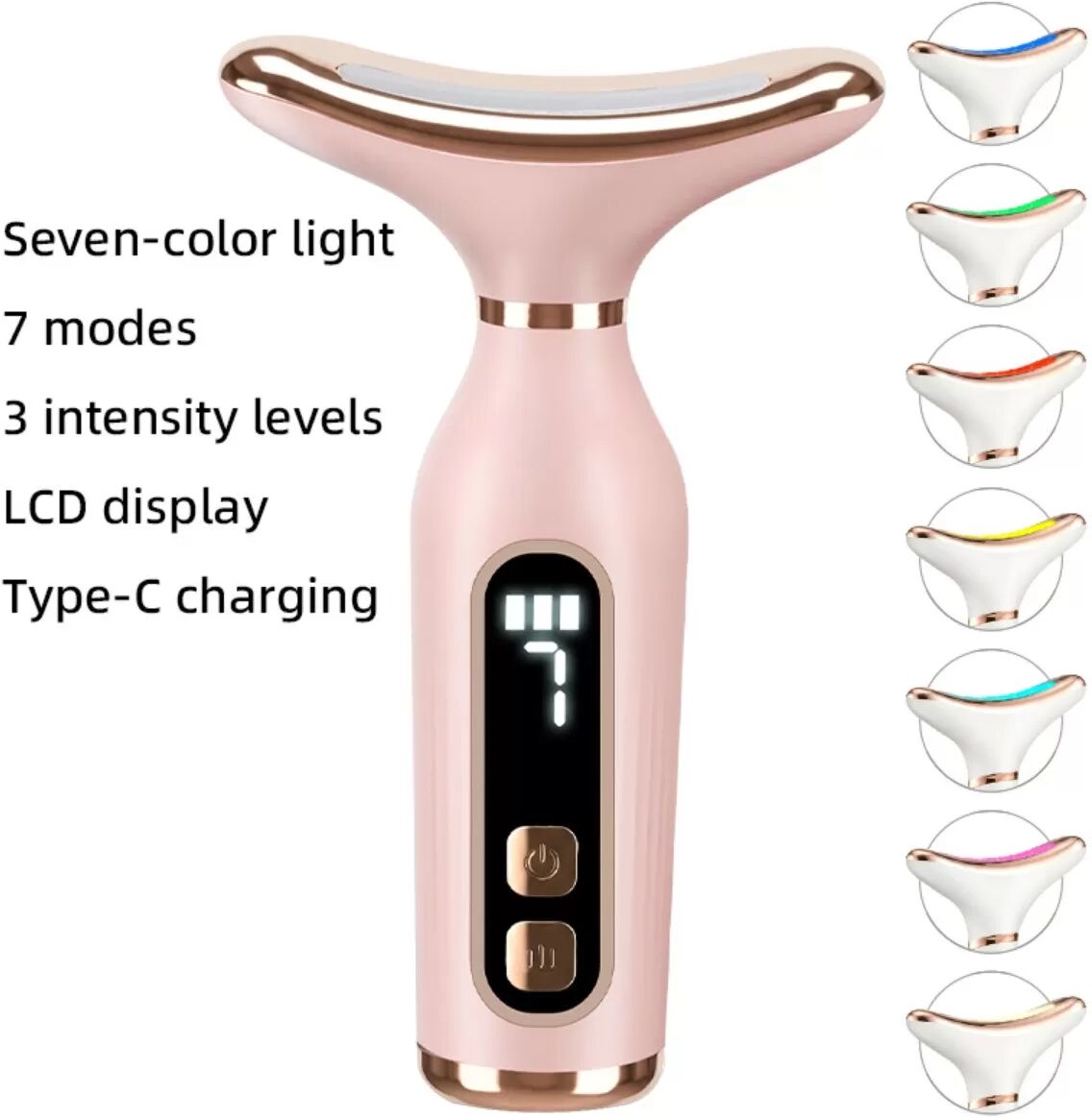 INF 7-farbiges LED-Gesichts- und Nackenmassagegerät mit Wärmefunktion und 7 Vibrationsmodi, LCD-Display, wiederaufladbarem Rosa
