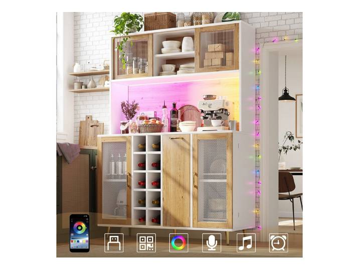 Fine Life Pro Sideboard Sideboard weiß/Holzoptik, LED, Weinregal, Snackregal, Steckdose