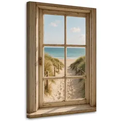LEINWANDBILD Shabby Chic Blick aus einem Fenster auf den Strand 60x90cm