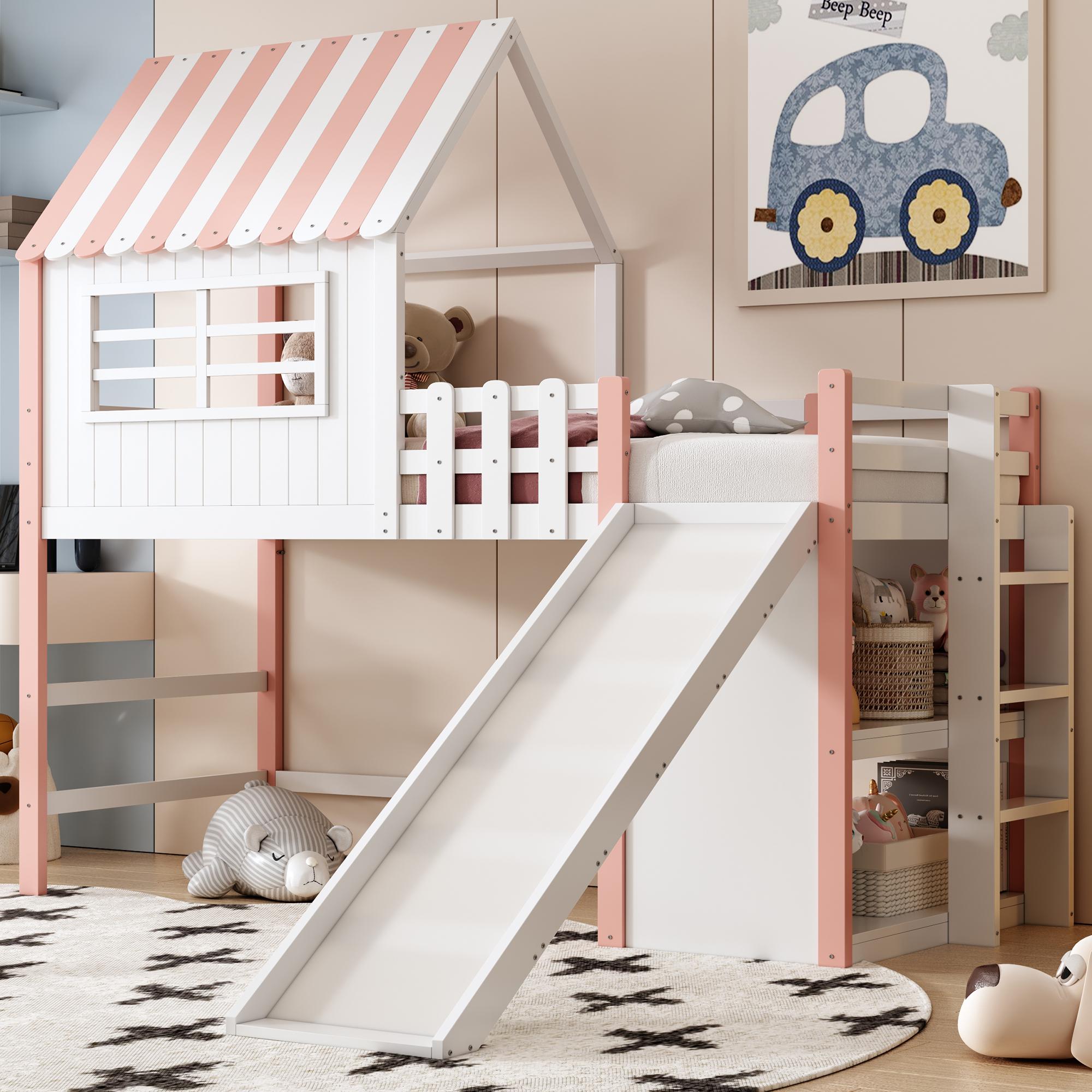 Merax Etagenbett Hochbett mit Dachhaus 90x200 cm, Kinderbett mit Rutsche, Spiel- & Schlafbett mit Stauraumregale, Massivholz, Hoher Schutzzaun, Rosa