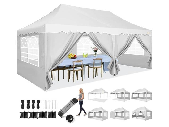 Faltpavillon 3x6m Wasserdicht UV50+ mit 6 Seitenwänden Rolltasche Sandsäcken Weiß