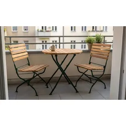 Balkonmöbel Set Karlskrona  – Balkonmöbel aus Robinie / Stahl, dunkelgrün – klappbare Möbel mit 2 Stühlen und 1 rundem Tisch – Outdoor Sitzgarnitur