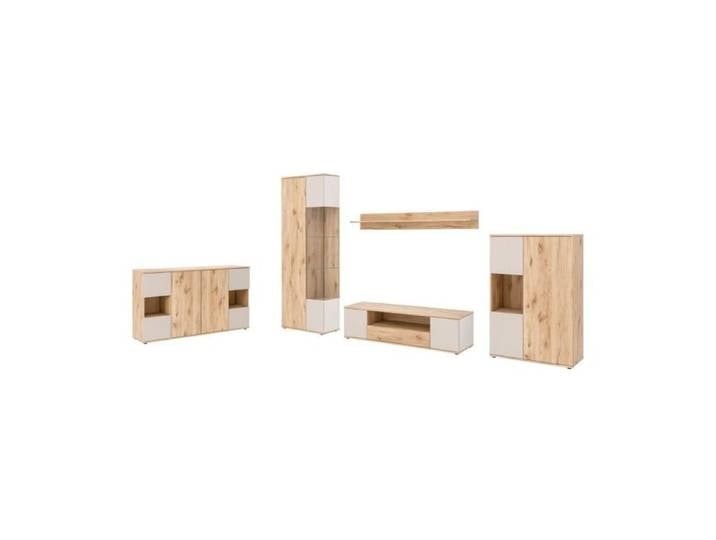 Ensemble salon complet ERINA – Buffet bas Buffet haut Vitrine Meuble TV Étagère murale – Chêne clair et beige