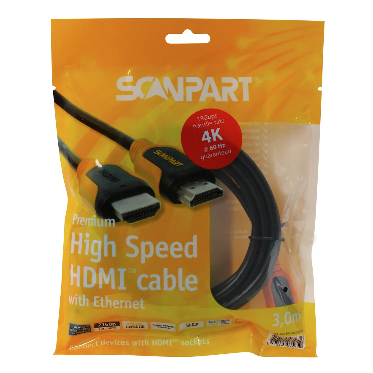 Scanpart Premium High Speed HDMI kabel met Ethernet, 4K60Hz, 18Gbps, 3.0m