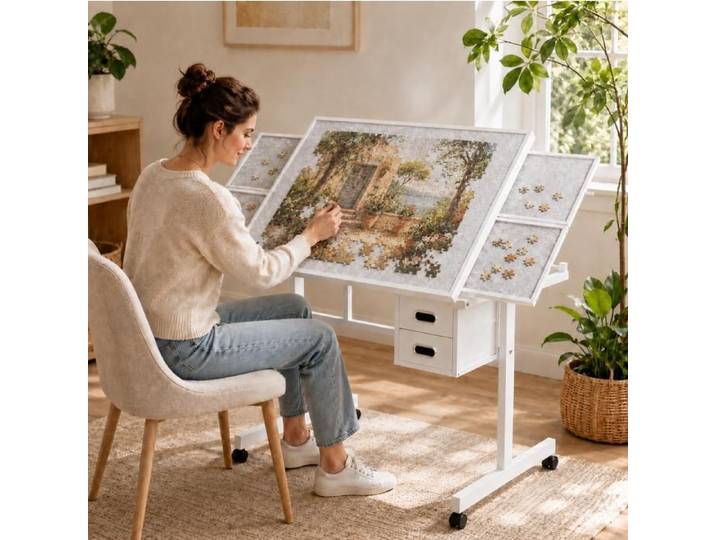 Bureau rehausseur inclinable AESVAR blanc avec tiroirs rangements latéraux et roulettes