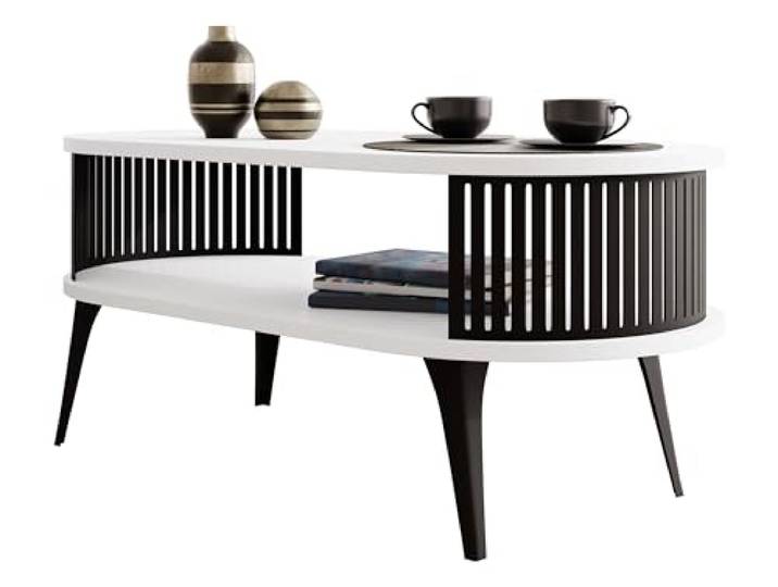 Mirjan24 Couchtisch Rajkon, ovale Form (Arktisches Weiß, Schwarz) Moderner Wohnzimmertisch mit praktischer Ablage, pulverbeschichtetem Stahlgestell und pflegeleichter Oberfläche