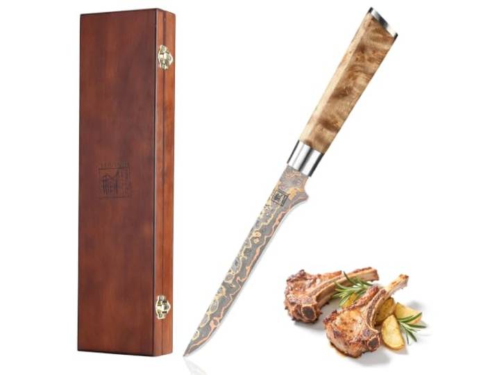 zayiko MysticMagma Ausbeinmesser mit 18 cm Klinge aus 67 Lagen Damaststahl Mit VG10 Kern, Kupfer-Bronze-Einlage und DualCurve Ahornwurzelholzgriff als Filetiermesser für Fleisch und Fisch, in Holzbox.