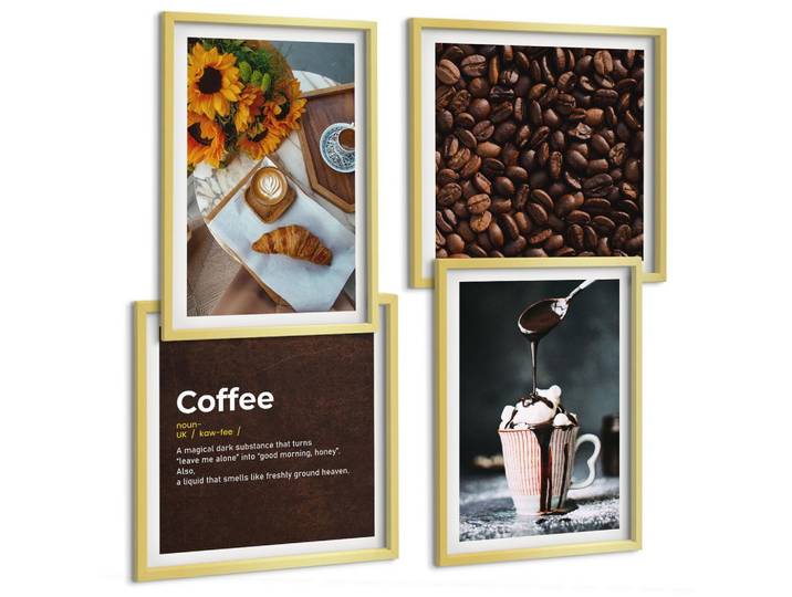 BILDER SET 4er Set - 50x50 cm & 40x60 cm Goldrahmen - Italienische Frühstückskaffeebohnen