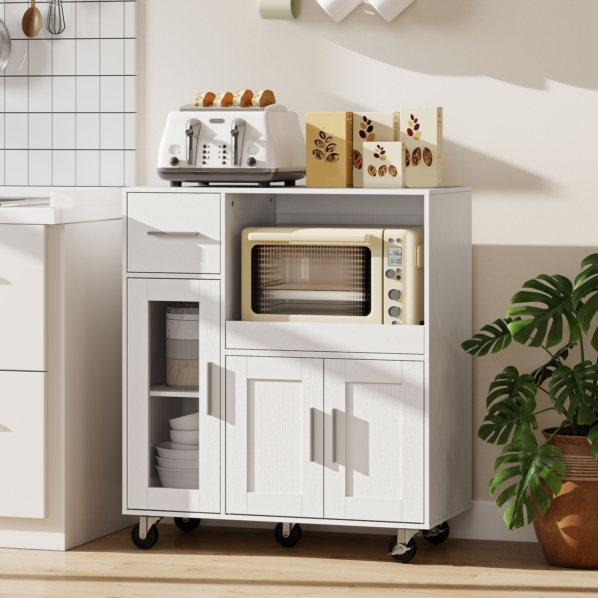 Homcom Mobile da cucina su ruote, mobiletto da cucina con ripiani, cassetti, ripiano regolabile, foro passacavi, bianco   Aosom Italy