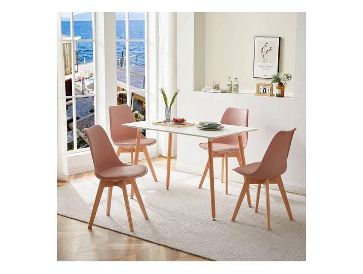 LuxusKollektion Essgruppe Essgruppe Esstisch 4 Stühle Weiß Tisch 4 Rauchrosa Stühle, (4-tlg)