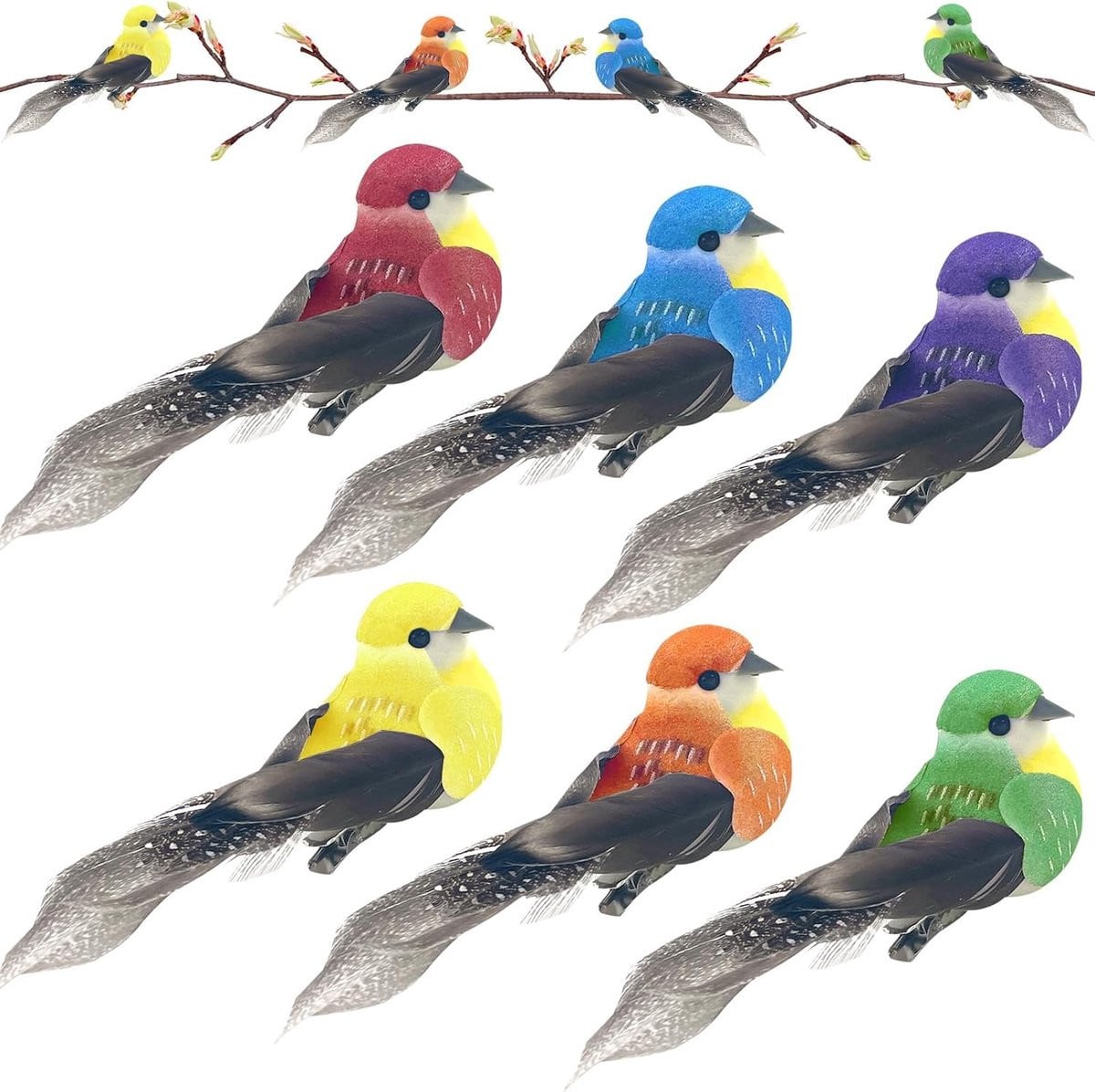 Set van 6 kleurvolle vogel decoratie figuren met clip voor tuin en bruiloft decoratie