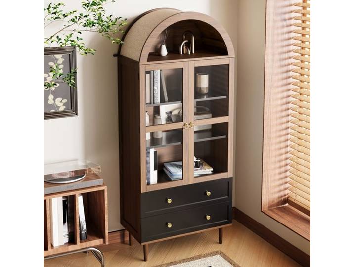 Buffet Haut de Rangement avec Portes en Verre Courbé - Style Moderne - Étagères Réglables - MDF - 70x38x168 cm - Noyer
