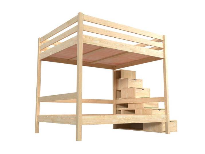 Lit superposé 160x200 double escalier cube Sylvia 160x200 Vernis Naturel