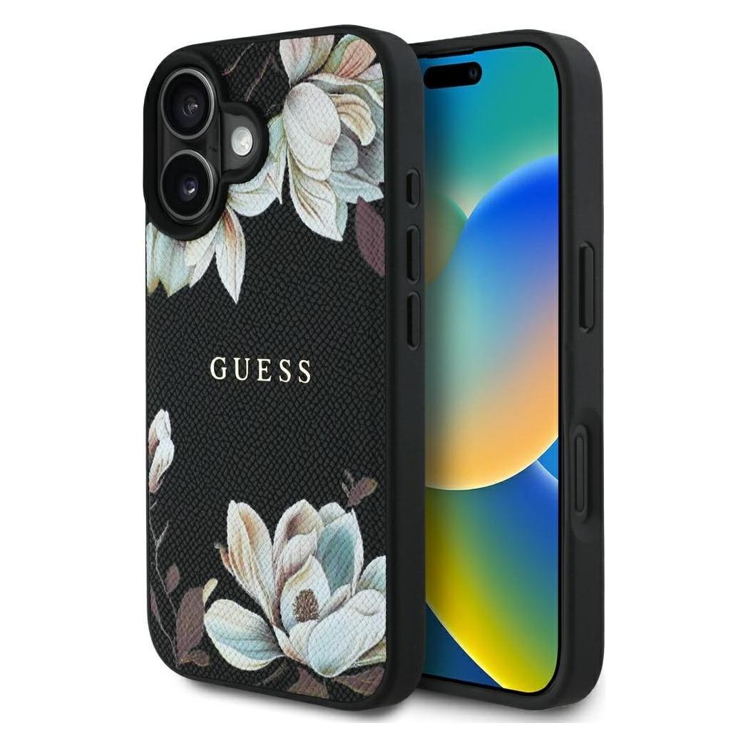 Guess Grained Printed Flower Pattern MagSafe case for iPhone 16 black (Apple iPhone 16) (GUE004421-0)