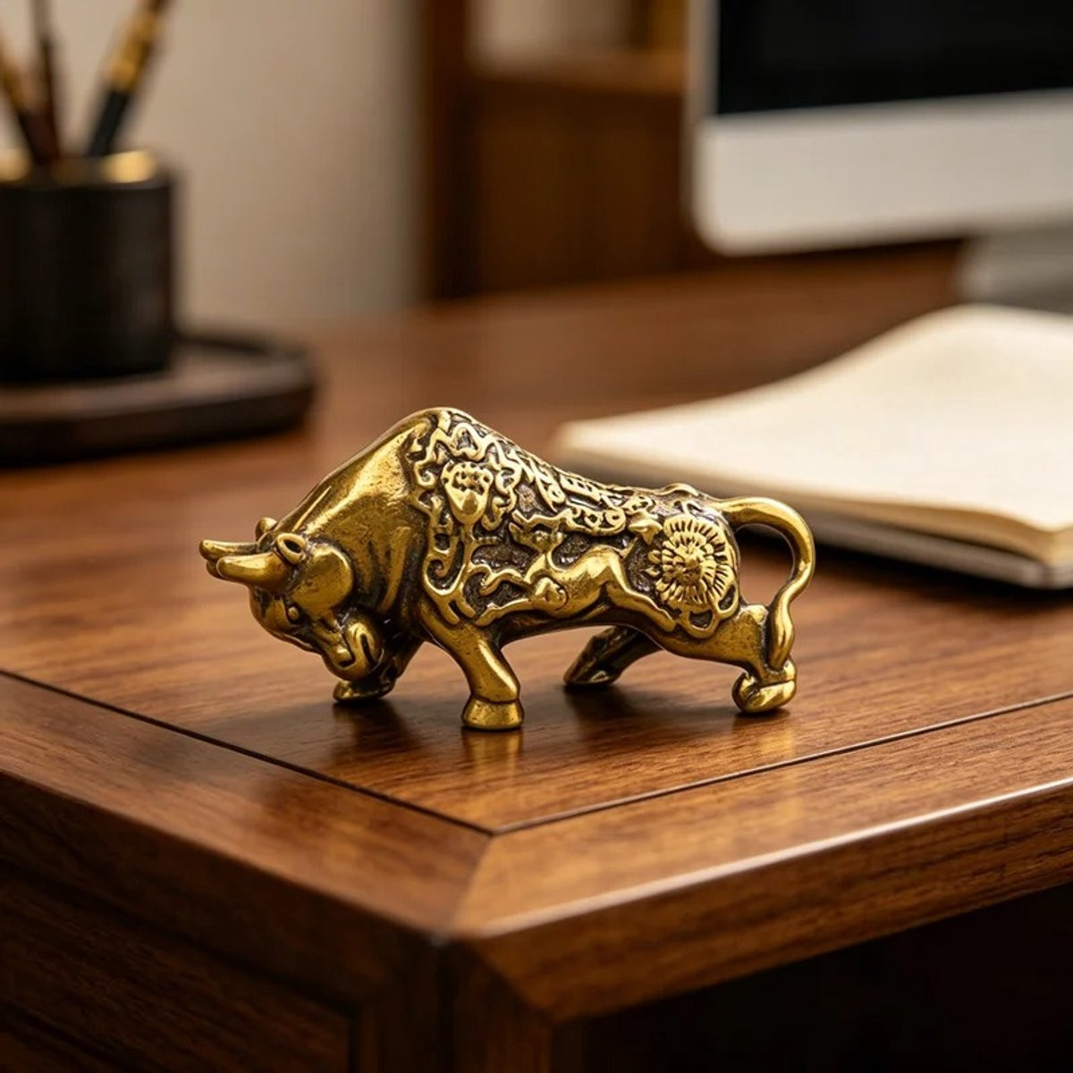 Messing Stier Beeldje - Antiek Koperen Geluksstier Sculptuur voor Feng Shui en Zodiac Woondecoratie - 4 cm