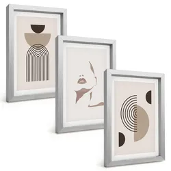 BILDER SET 3er Set - 20x30 cm Silberner Rahmen - Abstrakte Formen und Gesicht