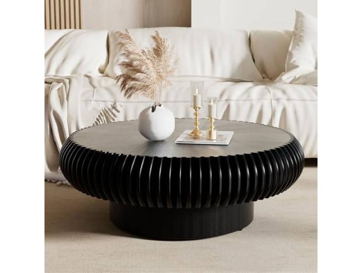 JHKZUDG Runder, Geriffelter Couchtisch 100 cm Aus Holz, Schwarz,39.37inch Moderner Runder Akzenttisch Im Mid-Century-Stil, Ideal Für Wohnzimmer, Kleine Räume Und Wohnungen, Einfache Montage