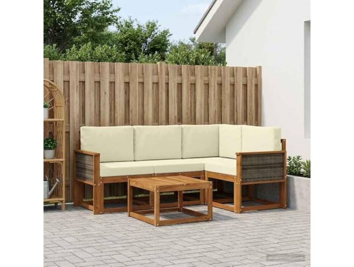 KTHLBRH Sofa-Set für den Außenbereich, 5-teilig, Natur und Creme, Polyester Massives Akazienholz, modular, 4-Sitzer, Lattenrost-Design, pflegeleicht