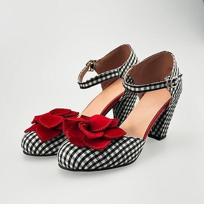 Damen-Mary-Jane-Pumps im Vintage-Stil mit Karomuster und roten Blumenverzierungen – Partyschuhe im Retro-Stil