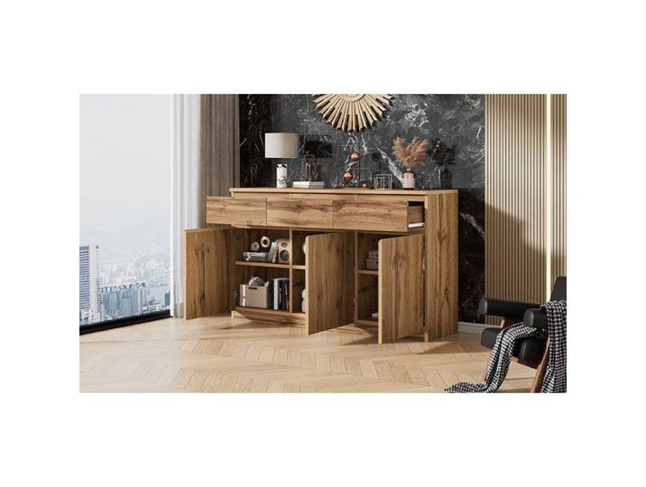 ROVRYN Buffet bas 135 x 40 x 81 cm 3 portes 3 tiroirs décor bois naturel en panneaux de particules