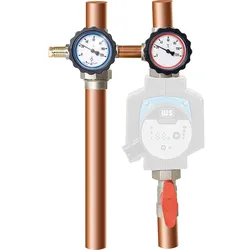 Pumpenabsperrset DN25 (1'') mit Bypass, Vorlauf rechts ÜWM und Thermometer rot/blau