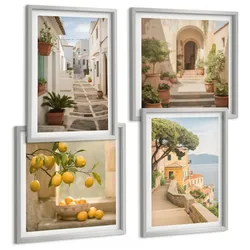 BILDER SET 4er Set - 50x50 cm & 40x60 cm Silberner Rahmen - Zitrusbaum im Fenster am Meer
