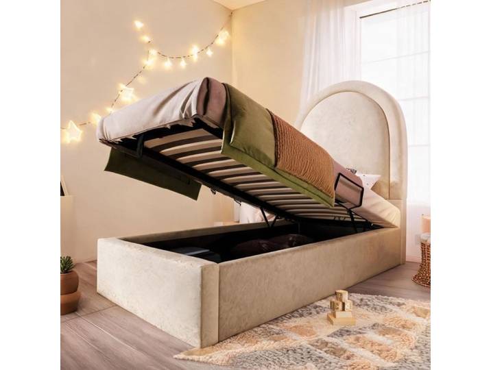 Lit enfant une personne motif cosmique beige 90x200 cm avec coffre hydraulique