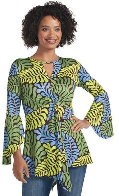 Masseys Keyhole Tunic (Size 3X) Blue Green Leaf, Polyester,Spandex