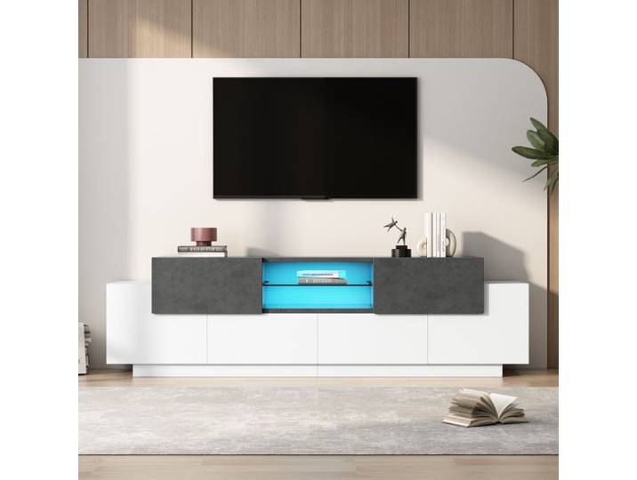 Meuble TV - Merax - LED - Blanc et Gris - 180x40x45cm - 2 Tiroirs - 4 Placards