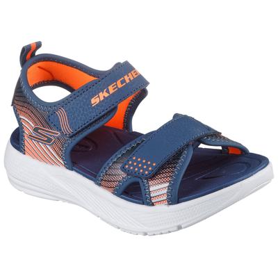 Sandale SKECHERS "MICROSPEC-SPLASH", Jungen, Gr. 29, blau (navy, orange), Lederimitat, kontrastfarbene Details, Schuhe Sandale, leichte Sandale mit Klettverschluss, Größenschablone zum Download