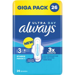 always Damenbinden Ultra Day Long Plus, Größe 3, geruchsneutralisierend, mit Flügeln, 26 Stück