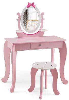 Costway Kid Vanity Table Stool Set with Oval Rotatable Mirror-Pink