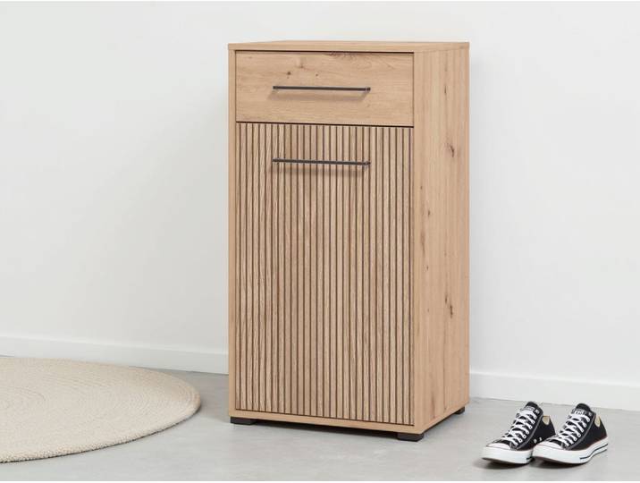 Schuhschrank HOME AFFAIRE Landes, Schuhkommode, Schuhregal, mit einer Schublade, Höhe 102 cm , braun (artisan eiche), B:54,5cm H:101,5cm T:40cm, Holzwerkstoff, Kunststoff, Metall, Schränke, Schuhschrank, Artisan Eiche, Fron mit schwarzen Streifen, mit 1 Tür, 1 Schubkasten