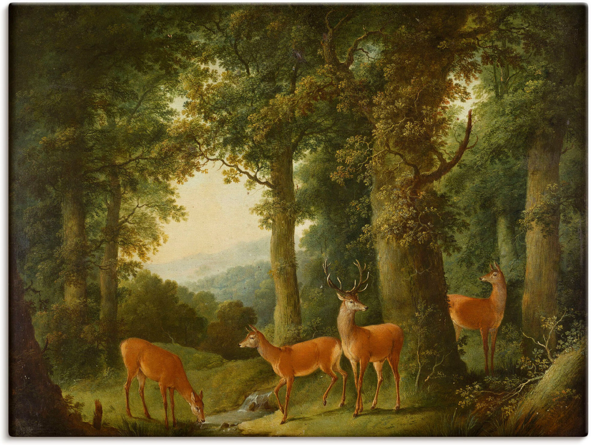 Leinwandbild ARTLAND "Waldlandschaft mit Rotwild. Um 1760/70", grün (farbe bild(er): grün), B:120cm H:90cm, Bilder, Leinwandbild, auf Holzrahmen gespannt farbe bild(er): grün B/H/T: 120cm x 90cm, Leinwandbild Wald Querformat, 1 Stk.