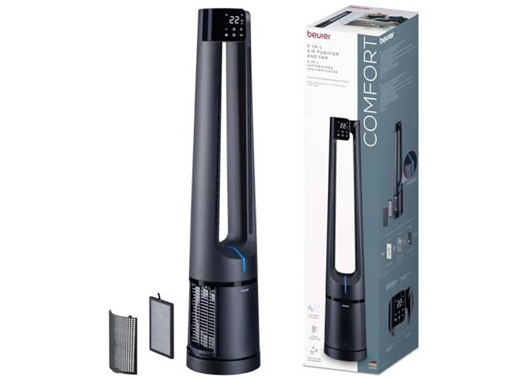 Beurer LV 500 PureFlow Ventilateur et purificateur d'air\, 2 en 1\, sans rotor\, avec oscillation à 130°\, filtre HEPA H13\, 5 modes avec mode veille silencieuse\, ventilateur sur pied avec télécommande